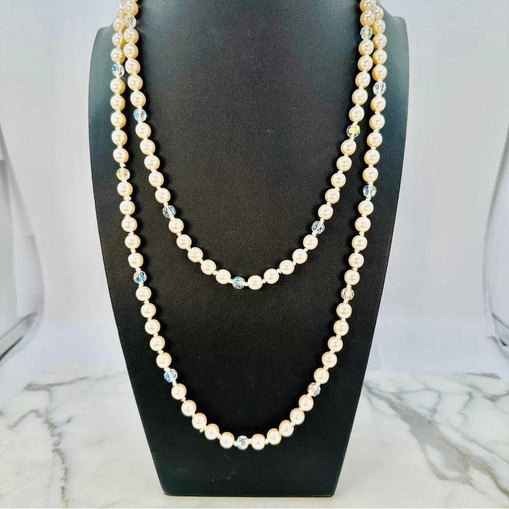 Vintage Glass Pearl Necklace Aurora Borealis Faceted Crystals Knotted Opera 52”